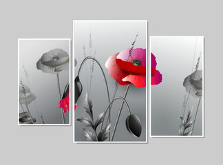 Blooming poppies triptych modular paintings on a gray background. Vector illustration for interior design, other. 