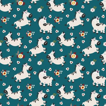 Seamless pattern with cute hand drawn zebras and flowers. Design for fabric, textile, wallpaper, packaging, decorating a nursery.