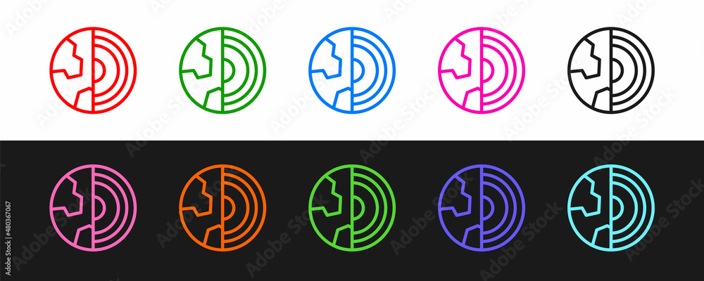 Poster set line earth core structure crust icon isolated on black and white background. vector