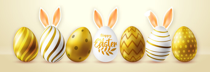 Holiday Easter background with golden easter eggs. Set of Easter eggs with rabbit ears. Greeting card or poster. Vector illustration