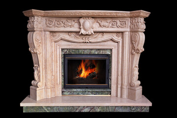Classic marble fireplace made of beige marble.