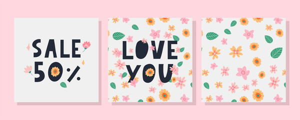 Love you set. Inspirational lettering quote flowers banner. Typography slogan for t shirt printing, graphic design.