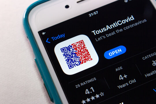 Kumamoto, JAPAN - Oct 20 2021 : Closeup TousAntiCovid app in App Store on iPhone screen. TousAntiCovid is a contact tracing app for monitoring the spread of the COVID-19 pandemic in France.