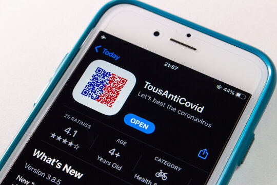 Kumamoto, JAPAN - Oct 20 2021 : Closeup TousAntiCovid app in App Store on iPhone screen. TousAntiCovid is a contact tracing app for monitoring the spread of the COVID-19 pandemic in France.