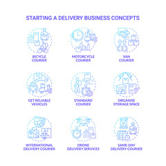 Starting delivery business blue gradient concept icons set. Shipping service idea thin line color illustrations. Isolated outline drawings. Roboto-Medium, Myriad Pro-Bold fonts used