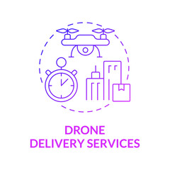 Drone delivery services purple gradient concept icon. Shipping technology and devices abstract idea thin line illustration. Isolated outline drawing. Roboto-Medium, Myriad Pro-Bold fonts used