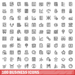 100 business icons set, outline style
