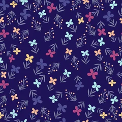 Poster Donkerblauw patroon kleine veelkleurige bloemen op een donkerblauwe achtergrond