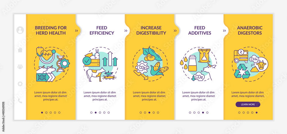 Poster reducing methane emissions yellow onboarding template. feed additives. responsive mobile website wit