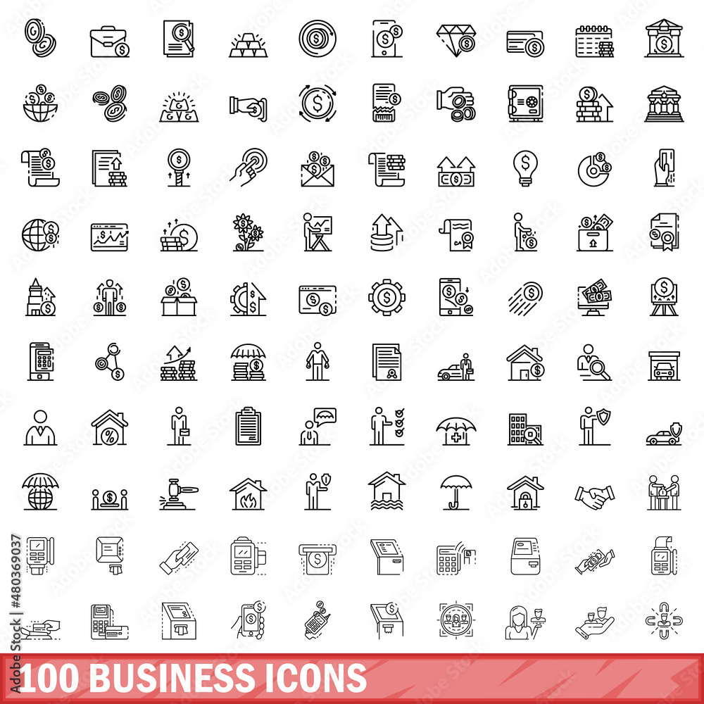 Wall mural 100 business icons set, outline style