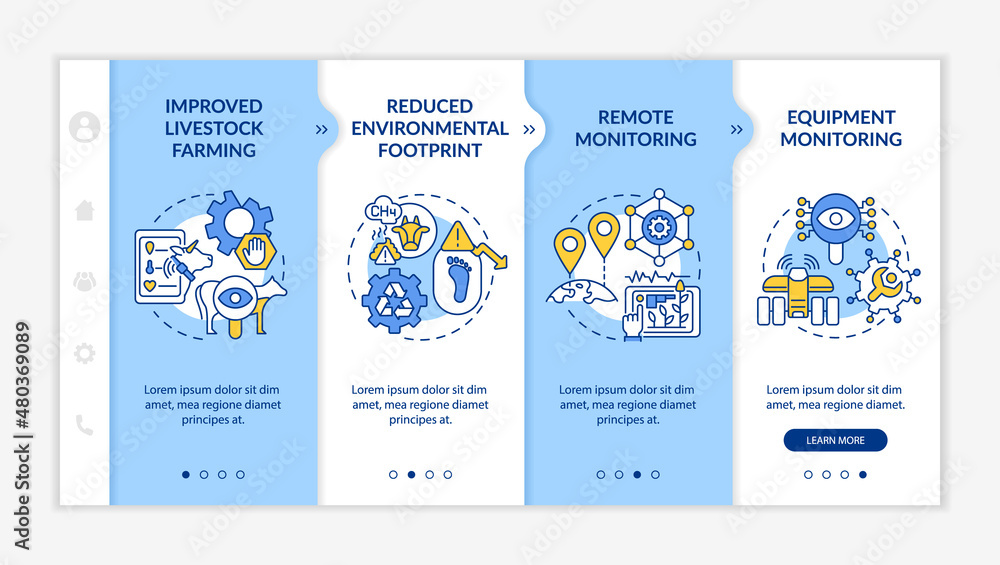 Poster digital agriculture advantages blue and white onboarding template. responsive mobile website with li