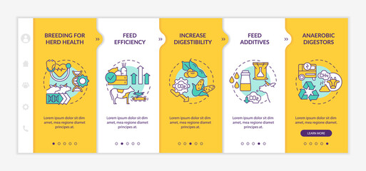 Reducing methane emissions yellow onboarding template. Feed additives. Responsive mobile website with linear concept icons. Web page walkthrough 5 step screens. Lato-Bold, Regular fonts used - obrazy, fototapety, plakaty