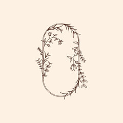 Hand Drawn Feminine Logo Template. Feminine Frame with Flowers, Plant, Branch Element. Floral frame logo design for wedding, florists, boutique, home decoration and invitation cards.