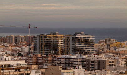 Skyline of city, Almeria, Andalusia, Spain, with Mediterranean sea in background