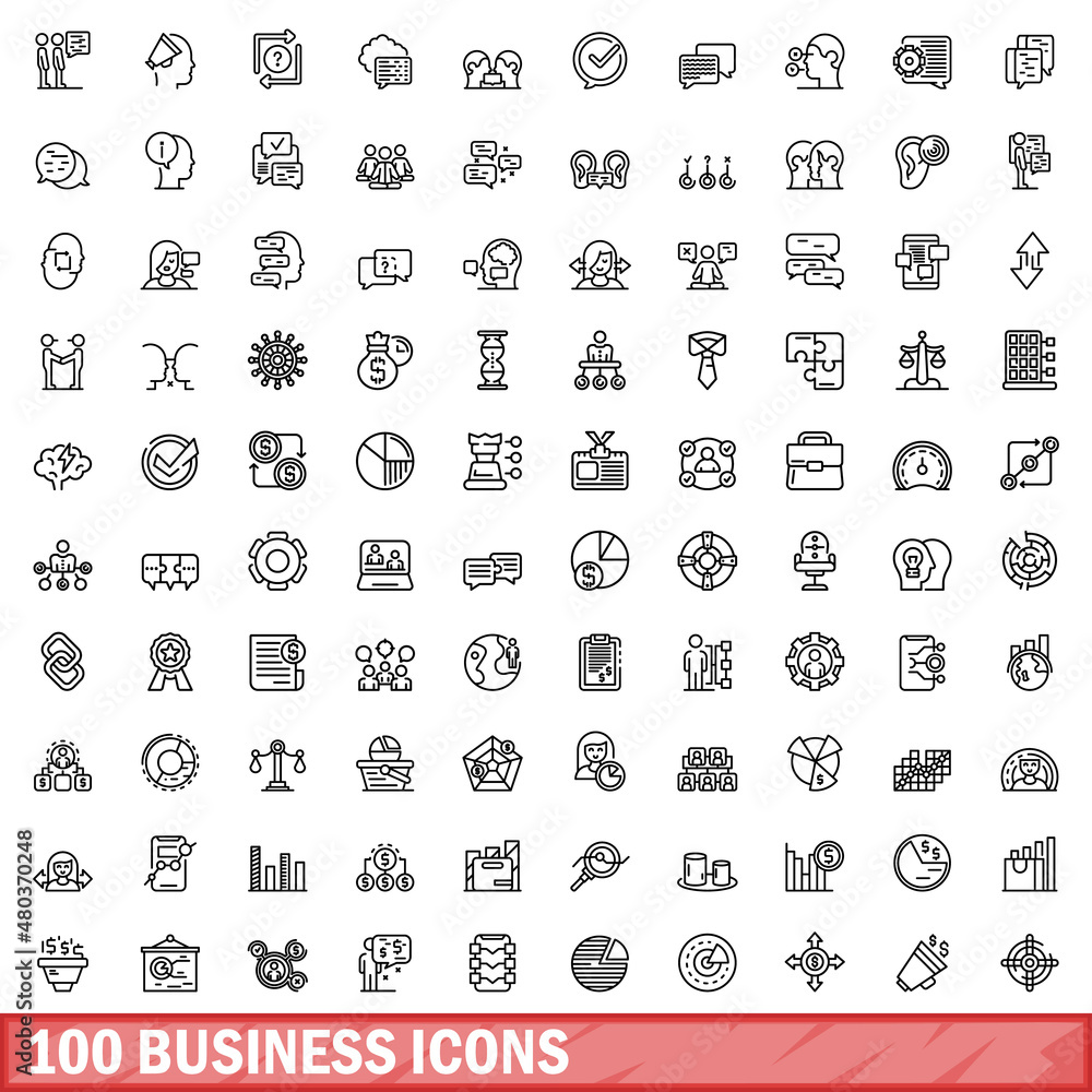 Wall mural 100 business icons set, outline style - Wall murals