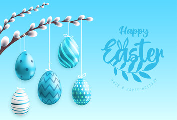 Holiday Easter background with blue easter eggs handing on willow branch. Greeting card or poster. Vector illustration