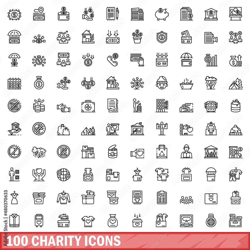 Wall mural 100 charity icons set, outline style