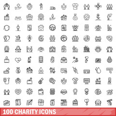 100 charity icons set, outline style