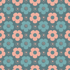 Cute seamless pattern with beige and blue simple flowers and spirals on gray-blue background.Vector floral ornament.