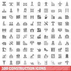 100 construction icons set, outline style