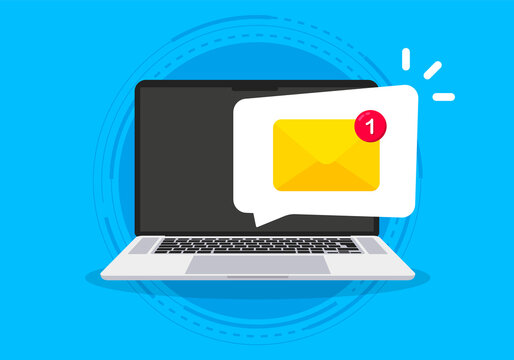 New message on the laptop screen. Unread notification. Online chat. Email messages inbox notification. Envelope with new message. E-mail marketing, internet advertising concept. Vector illustration