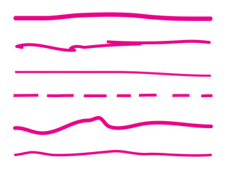 Pink lines hand drawn vector set isolated on white background. Collection of doodle lines, hand drawn template. Pink marker and grunge brush stroke lines, vector illustration