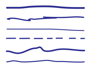 Blue lines hand drawn vector set isolated on white background. Collection of doodle lines, hand drawn template. Blue marker and grunge brush stroke lines, vector illustration