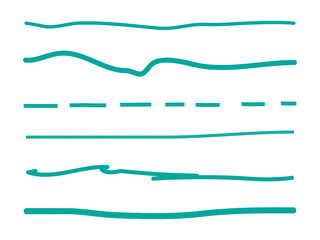 Turquoise lines hand drawn vector set isolated on white background. Collection of doodle lines, hand drawn template. Green marker and grunge brush stroke lines, vector illustration