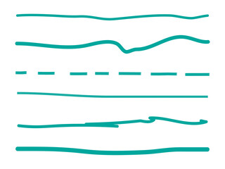 Turquoise lines hand drawn vector set isolated on white background. Collection of doodle lines, hand drawn template. Green marker and grunge brush stroke lines, vector illustration