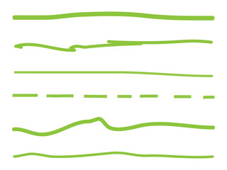 Green lines hand drawn vector set isolated on white background. Collection of doodle lines, hand drawn template. Green marker and grunge brush stroke lines, vector illustration