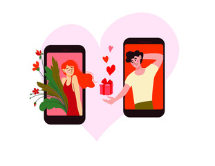 Уoung man gives the girl a gift online. Man and a woman in love communicate remotely via the internet. .An online romantic date. .Virtual relationships, online dating, chatting. Vector illustrationBan