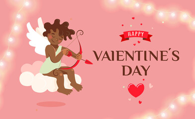 Valentine's day poster or card with a cute dark-skinned Cupid who is sitting on a pink cloud and aiming a bow at the heart.