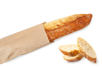 Freshly baked baguette in a paper package