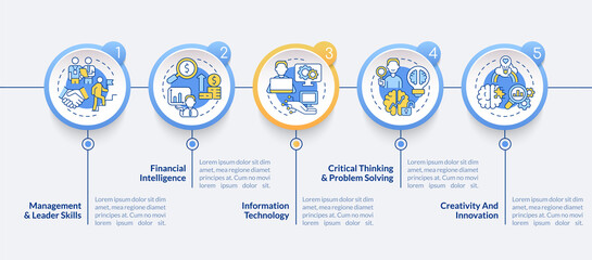 Skills for business management circle infographic template. Data visualization with 5 steps. Process timeline info chart. Workflow layout with line icons. Lato-Bold, Regular fonts used
