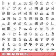 100 delivery icons set, outline style