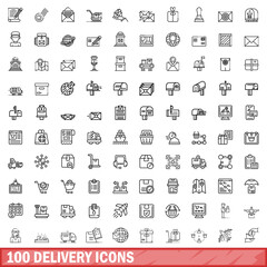 100 delivery icons set, outline style