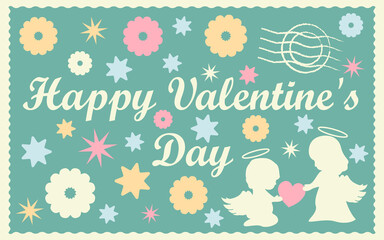 Fototapeta na wymiar Valentine's Day postage stamp with angels, flowers and stars