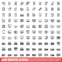 100 device icons set, outline style