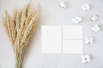 Wedding suite mockup with cotton and pampas gras on the neutral background