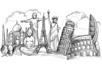 Hand drawn travel the world monument concept sketch design