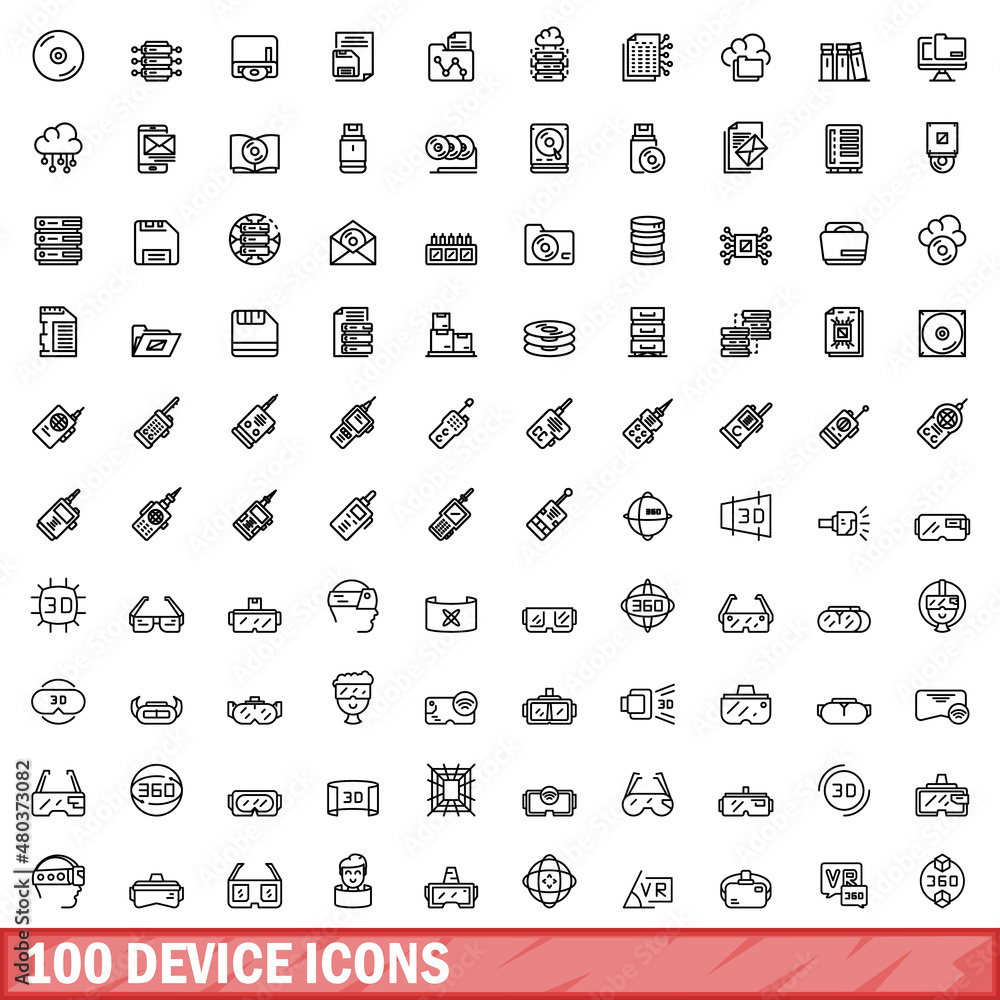 Wall mural 100 device icons set, outline style