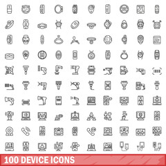 100 device icons set, outline style