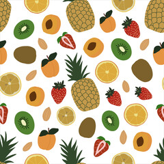Seamless pattern with pineapple, orange, lemon, kiwi, apricot, strawberry and almond. Backgrounds and wallpapers for invitations, cards, fabrics, packaging, textiles, posters. Vector illustration.