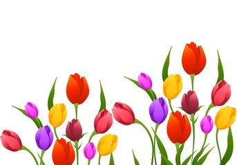 Beautiful realistic growing colorful tulips flowers background