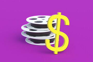 Symbol of dollar near film reel. Investing in the film industry. Income, box office receipts from the sale, rental of films. Royalty from sale of the horror. Equipment rental. 3d render