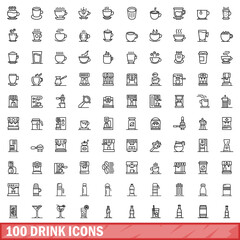 Fototapeta na wymiar 100 drink icons set, outline style