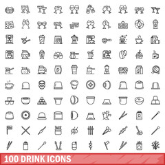 100 drink icons set, outline style