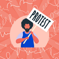 Guy with a banner in his hands. Protest concept. Cartoon style.
