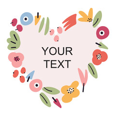 Cute floral vector template greeting card. Abstract pink valentine flowers, plants, berries, herbs isolated on white background. Festive bright multicolored wrapping card design