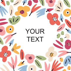 Cute floral vector template greeting card. Abstract pink valentine flowers, plants, berries, herbs isolated on white background. Festive bright multicolored wrapping card design
